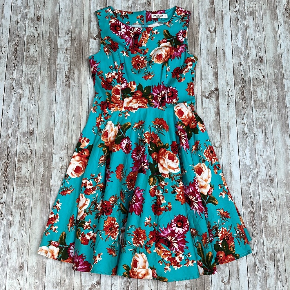 Grace Karin Dress sz Medium Floral Flare Swing Sleeveless Turquoise Blue Cotton